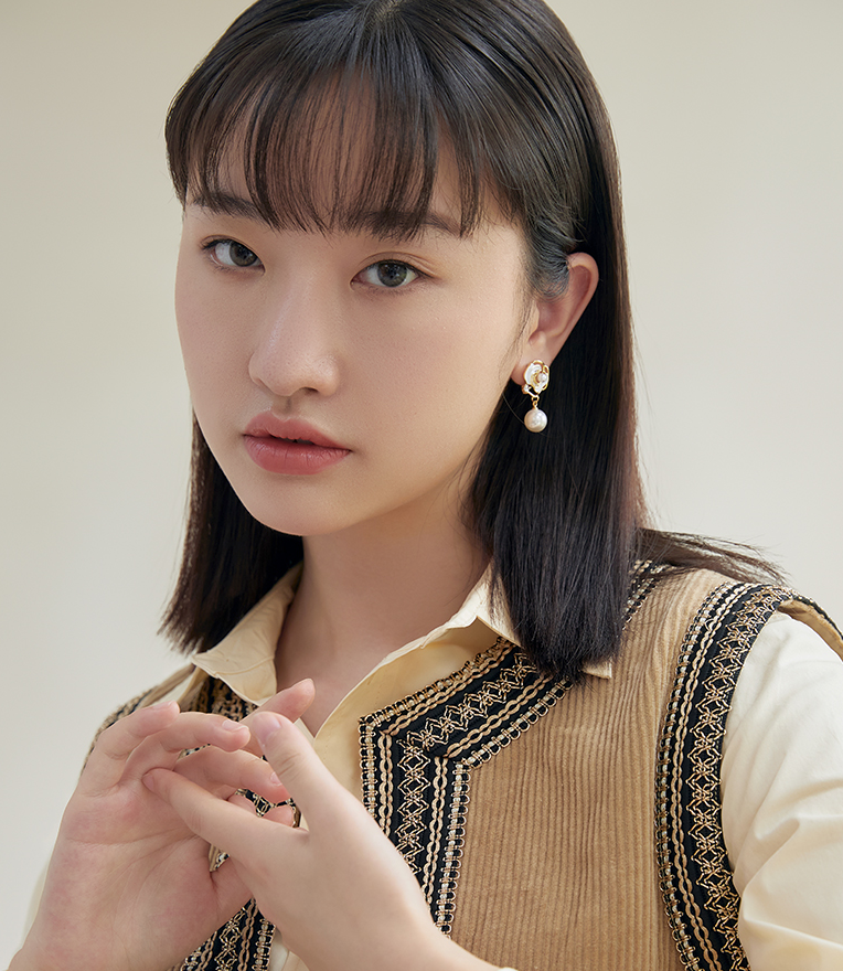 Camellia Flower with Pearl Drop Earrings